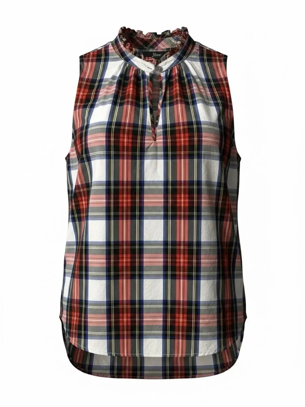 J. Crew women’s Red Navy White Plaid Ruffle Neck Sleeveless Top size 4